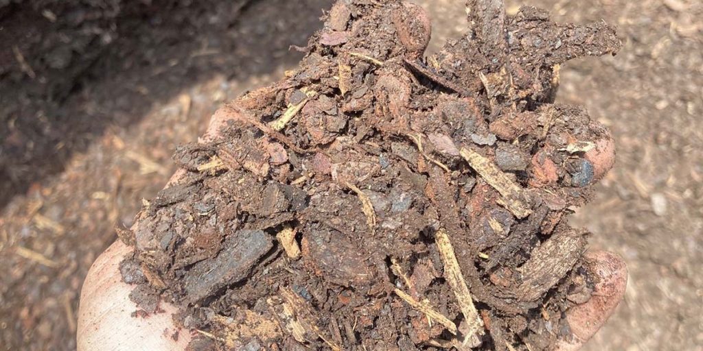 A close up image of pine mini nuggets used for mulch.